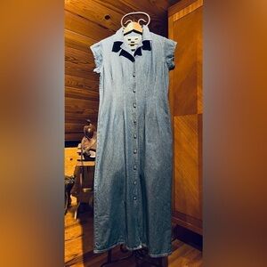 VTG Sophia Rose Denim Maxi Dress Cap Short Sleeves Silver Concho Buttons